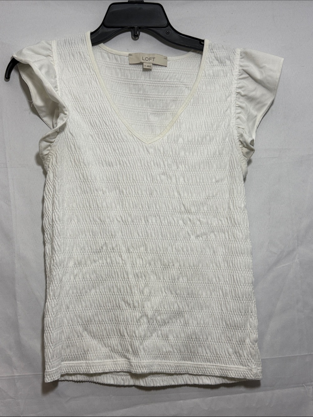 LOFT Cream Textured V-Neck Tank with Ruffle Cap Sleeves